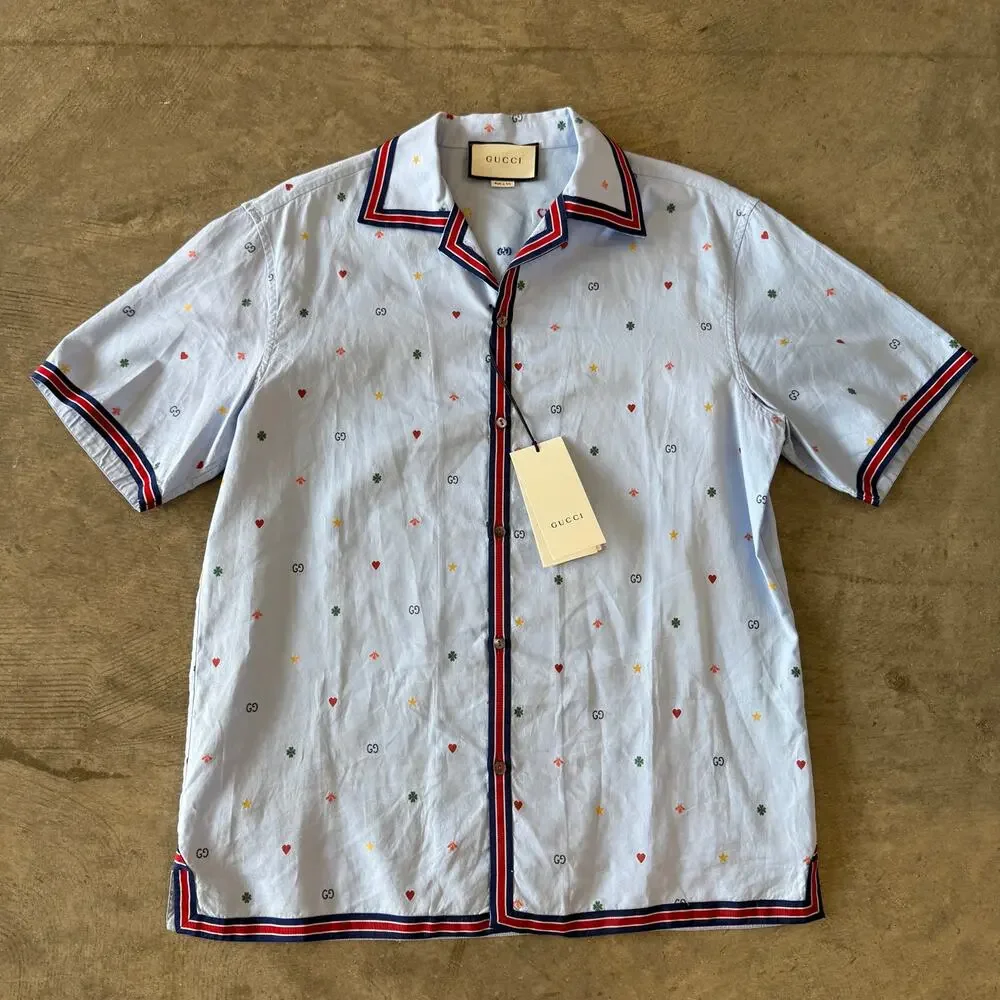 Gucci GG Monogram Hearts Stars Bee Print Short Sleeve Shirt Light Blue Size 50